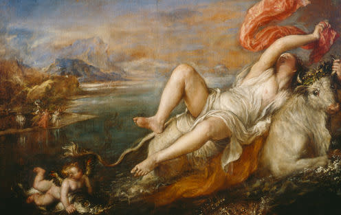 <span class="caption">Titian's Rape of Europa.</span> <span class="attribution"><a class="link " href="https://en.wikipedia.org/wiki/Europa_(mythology)#/media/File:Tizian_085.jpg" rel="nofollow noopener" target="_blank" data-ylk="slk:Wikipedia;elm:context_link;itc:0;sec:content-canvas">Wikipedia</a></span>