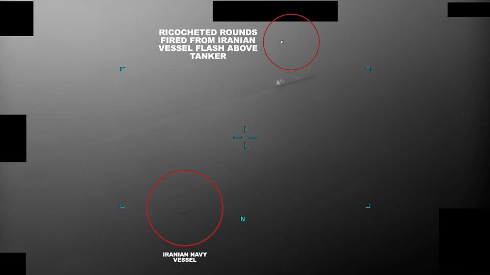 This screenshot of video released by the US Naval Forces Central Command shows an Iranian naval vessel firing multiple long bursts of rounds from small arms and crew-served weapons during an attempt to unlawfully seize the commercial tanker in the Gulf of Oman, July 5. - Courtesy US Naval Forces Central Command