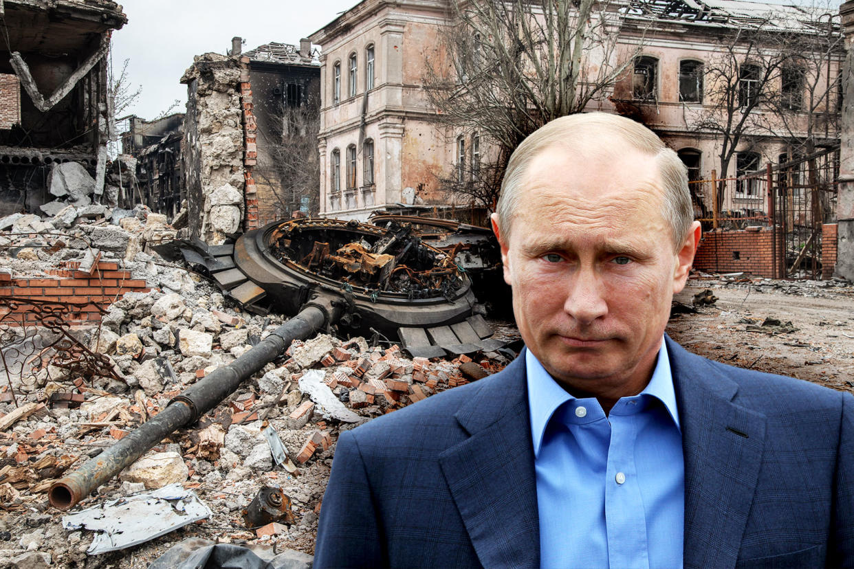 Vladimir Putin; A destroyed tank lies in rubble, in central MariupolPhoto illustration by Salon/Getty Images