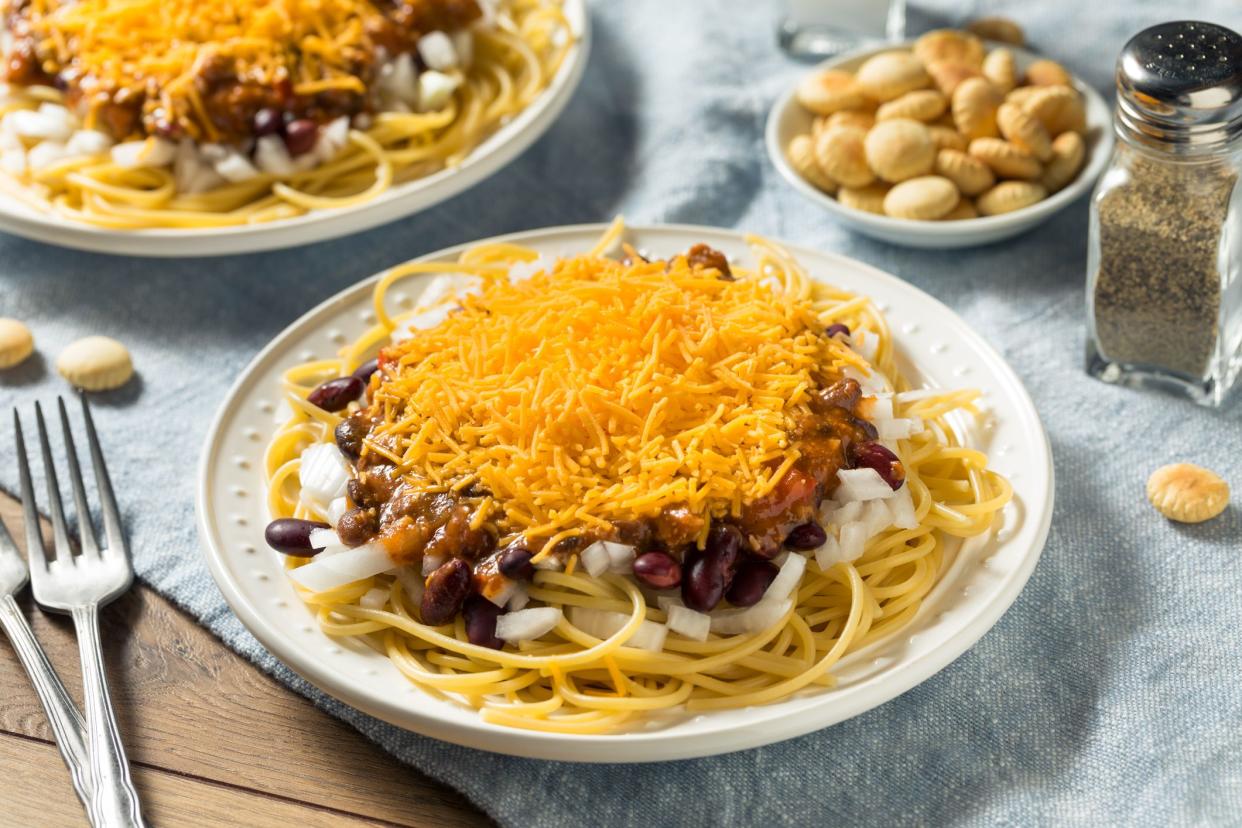 Homemade Cincinnati Chili Spaghetti with Cheese and Onion