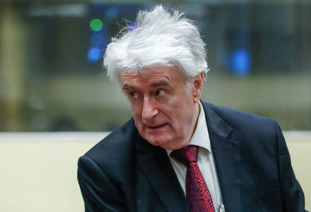 Former Bosnian Serb leader Radovan Karadzic appears in a courtroom before the International Residual Mechanism for Criminal Tribunals (MICT), which is handling outstanding war crimes cases for the Balkans and Rwanda, in The Hague, Netherlands, April 23, 2018. REUTERS/Yves Herman/Pool