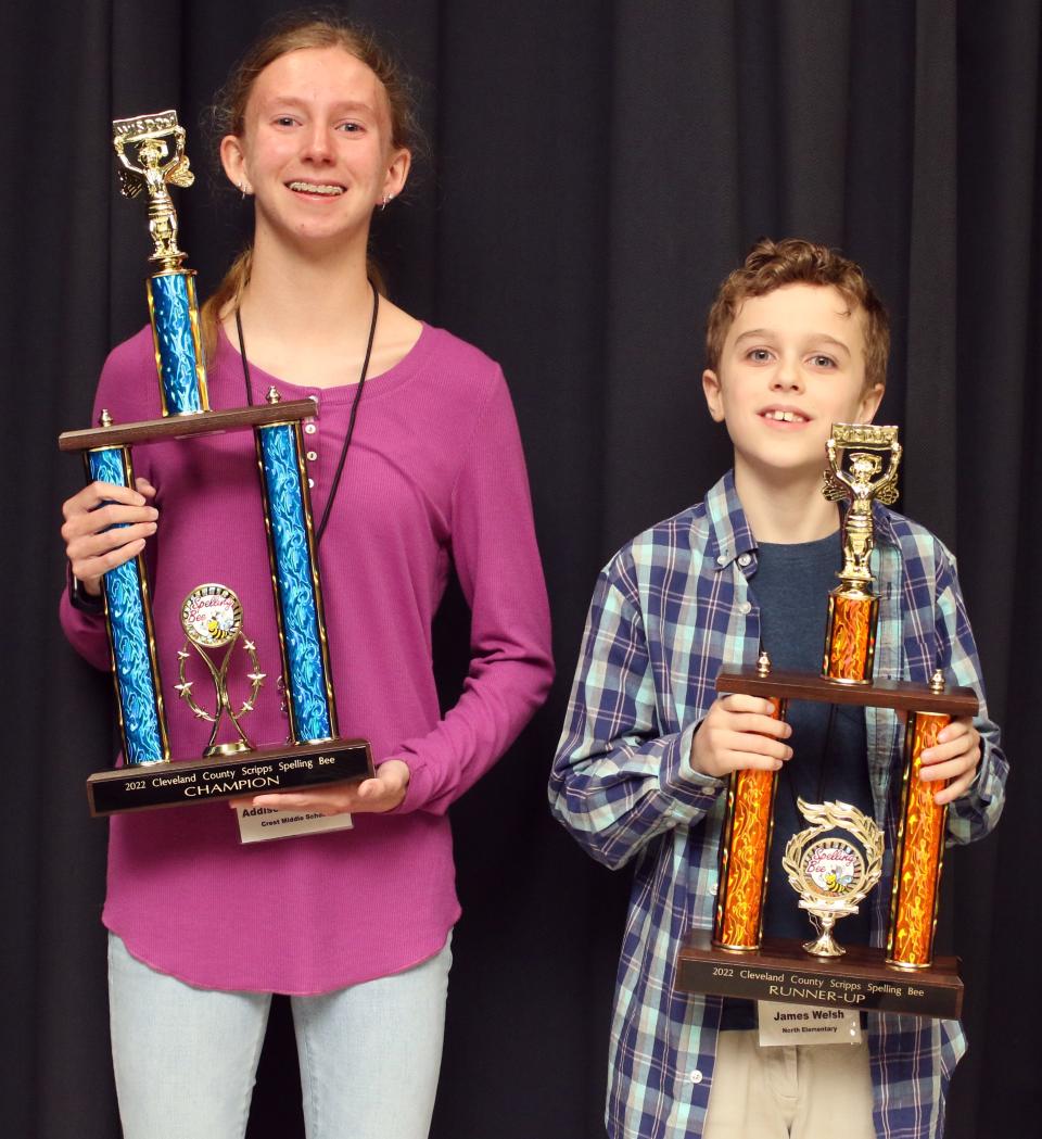 Addison Champion, from Crest Middle School, is the champion and James Welsh, from North Elementary School, is the runner-up in The Star and Cleveland County Schools Spelling Bee held Wednesday morning, March 23, 2022, at the Cleveland Community College Auditorium on South Post Street in Shelby.