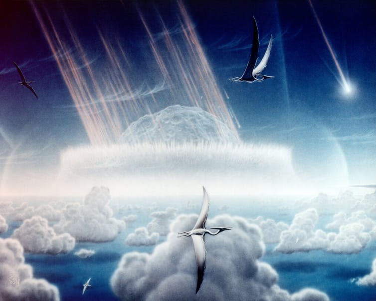 <span class="caption">The asteroid hits the earth.</span> <span class="attribution"><a class="link " href="https://upload.wikimedia.org/wikipedia/commons/8/8c/Chicxulub_impact_-_artist_impression.jpg" rel="nofollow noopener" target="_blank" data-ylk="slk:NASA;elm:context_link;itc:0;sec:content-canvas">NASA</a></span>