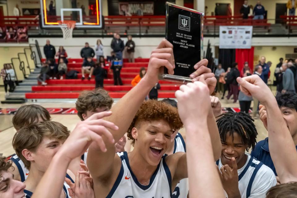 Harrison junior Malachi King (41) was named the MVP of the IU Health Hoops Classic basketball tournament, West Lafayette vs Harrison, Saturday, Dec. 2, 2023, at Crawley Center in Lafayette, Ind. Harrison won 84-61.