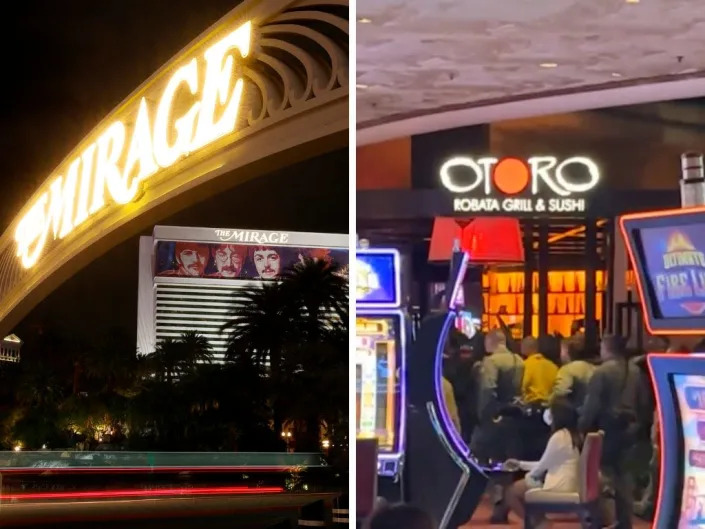 Composite image of the mirage hotel facade and a social media photo of officers moving through the casino