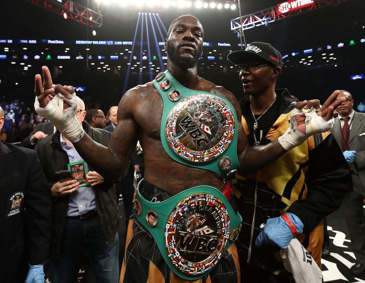WBC heavyweight champ Deontay Wilder won’t be attending the Anthony Joshua vs. Joseph Parker fight in Wales on Saturday. (Getty)