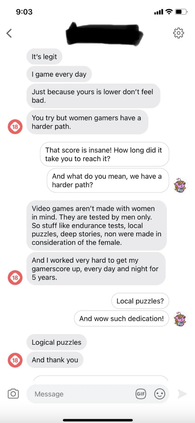 Text exchange where someone says, "Video games aren't made with women in mind."