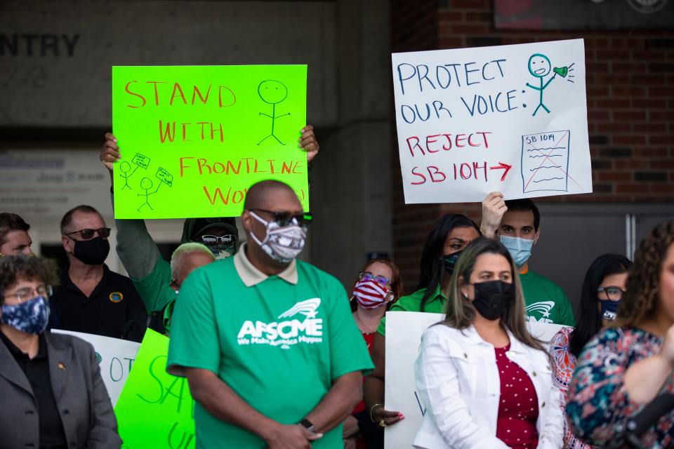 Members of the Florida Education Association hold a press conference outside the Tucker Civic Center to speak out against Senate Bill 1014 Tuesday, April 20, 2021.