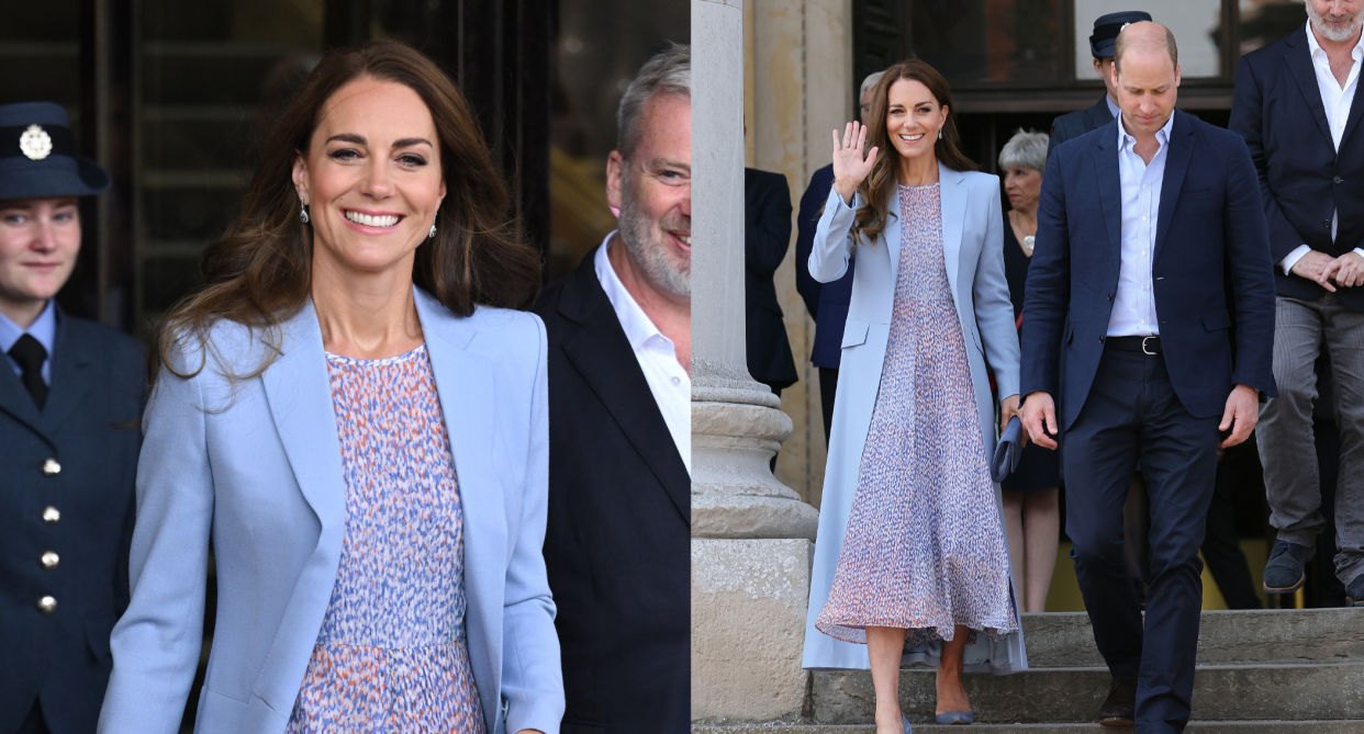 kate middleton in purple jacket and purple printed lk bennett dress to official portrait unveiling