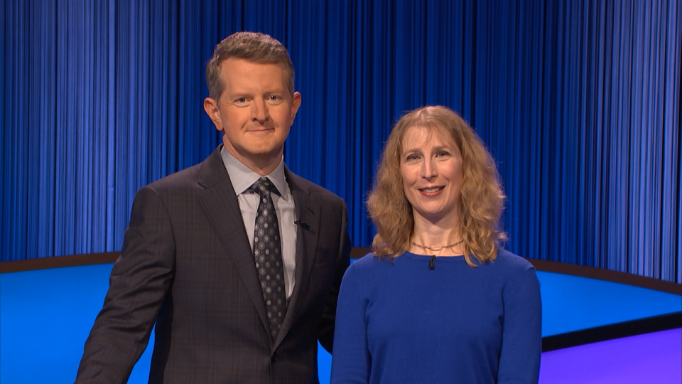 Jeopardy contestant and Rowan University professor Melissa Klapper with Jeopardy host Ken Jennings.
Klapper won the championship on the Monday, March 20, 2023 episode, and will defend her title on Tuesday, March 21.