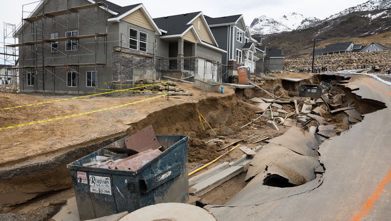 Major erosion of a road has occurred in a subdivision in the Kaysville foothills due to snowpack runoff Wednesday, April 12, 2023.