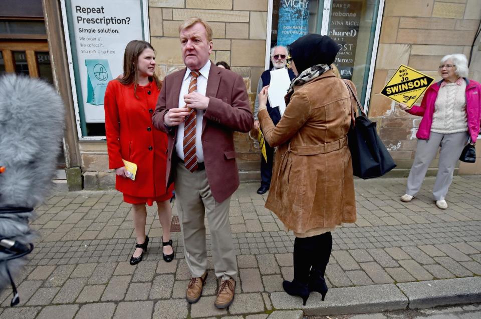 Former Liberal Democrat leader Charles Kennedy campaigns with Business Minister Jo Swinson in East Dunbartonshire. (Photo by Jeff J Mitchell/Getty Images)