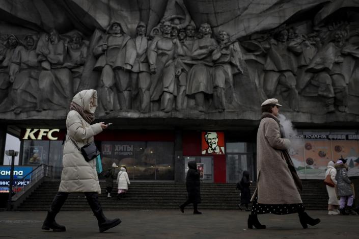 People walk along a street in the Belarusian capital of Minsk 