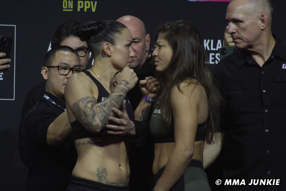 Raquel Pennington vs Mayra Bueno Silva UFC 297 ceremonial weigh-in faceoff