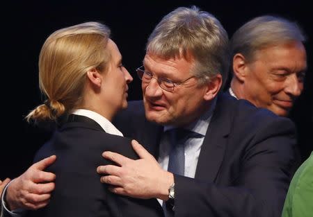 Party leader Joerg Meuthen congratulates Alice Weidel of Germany's anti-immigration party Alternative for Germany (AFD) during an AFD party congress in Cologne Germany, April 23, 2017. REUTERS/Wolfgang Rattay