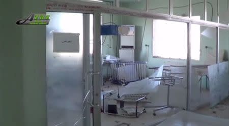 A view of the damaged interior of what is said to be a hospital after a missile attack in Azaz, Aleppo, Syria, February 15, 2016 in this still image taken from a video on a social media website. REUTERS/Social Media Website via Reuters TV