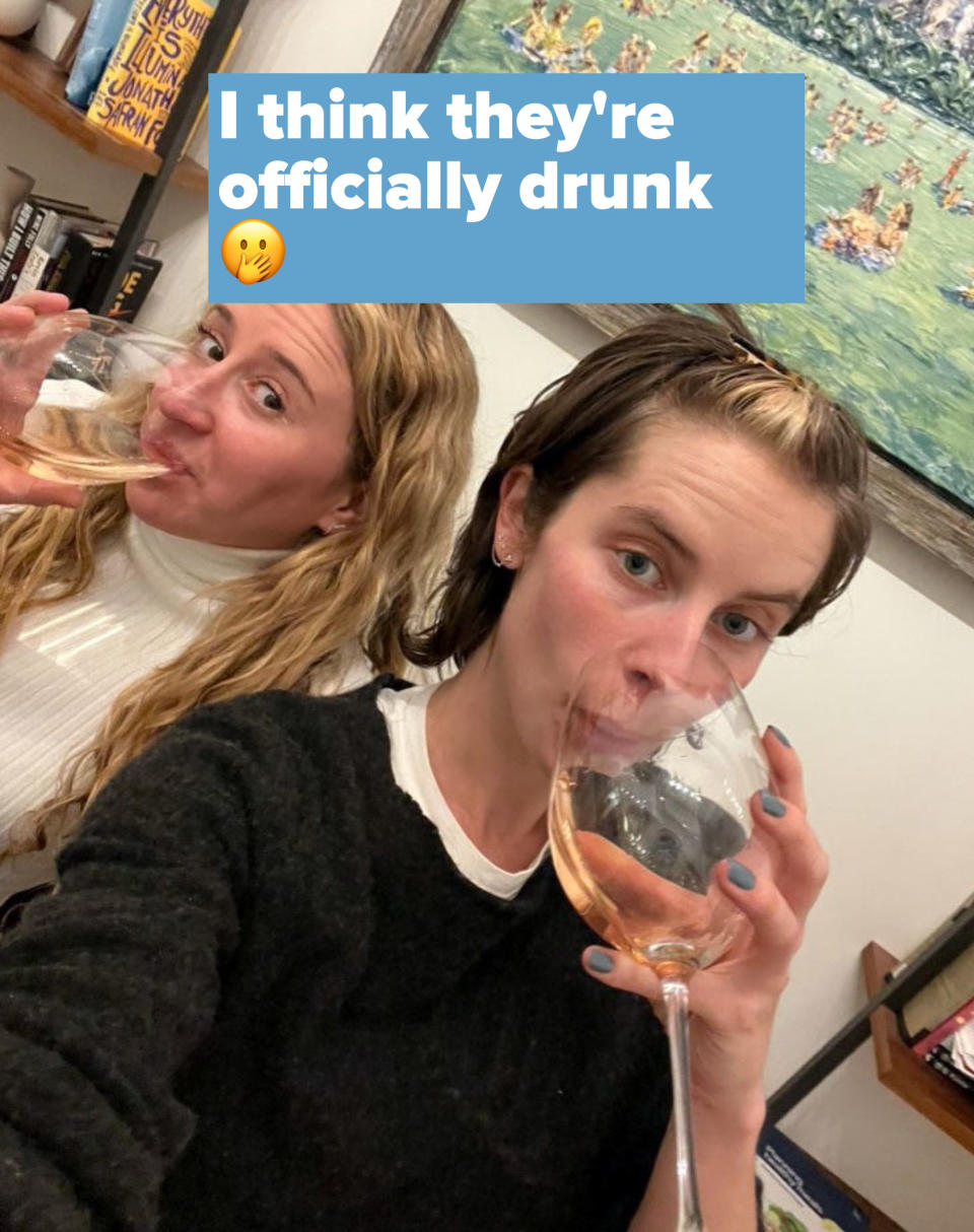 Two girls drinking wine in a selfie