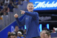 Golden State Warriors head coach Steve Kerr gestures toward players during the first half of the team's NBA basketball game against the Dallas Mavericks in San Francisco, Saturday, Feb. 4, 2023. (AP Photo/Jeff Chiu)