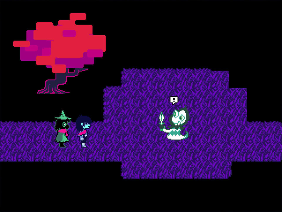 Best Free Steam Games - Deltarune Chapter 2 - Two characters are noticed by a third in purple grass