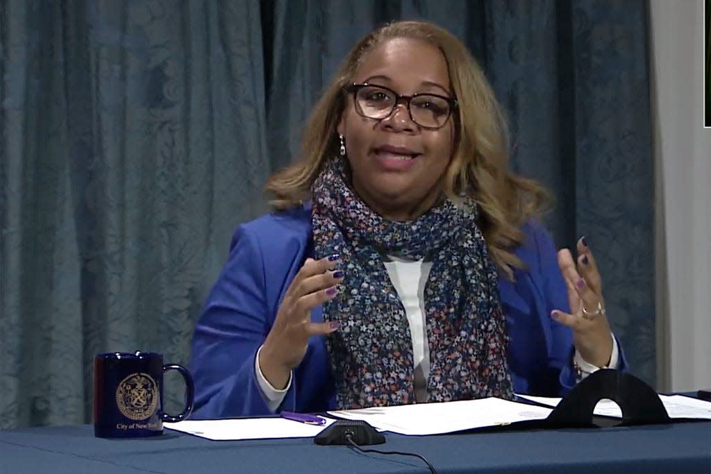 New York City Schools Bronx Executive Superintendent Meisha Ross Porter is shown this still image, from New York Mayor Bill de Blasio's media availability, Friday, Feb. 26, 2021, in New York. New York City Schools Chancellor Richard Carranza announced Friday, Feb. 26, 2021, he would step down, citing the coronavirus pandemic's personal toll on his family. He will be replaced by  Porter, who becomes the first Black woman to lead the nation's largest public school district.