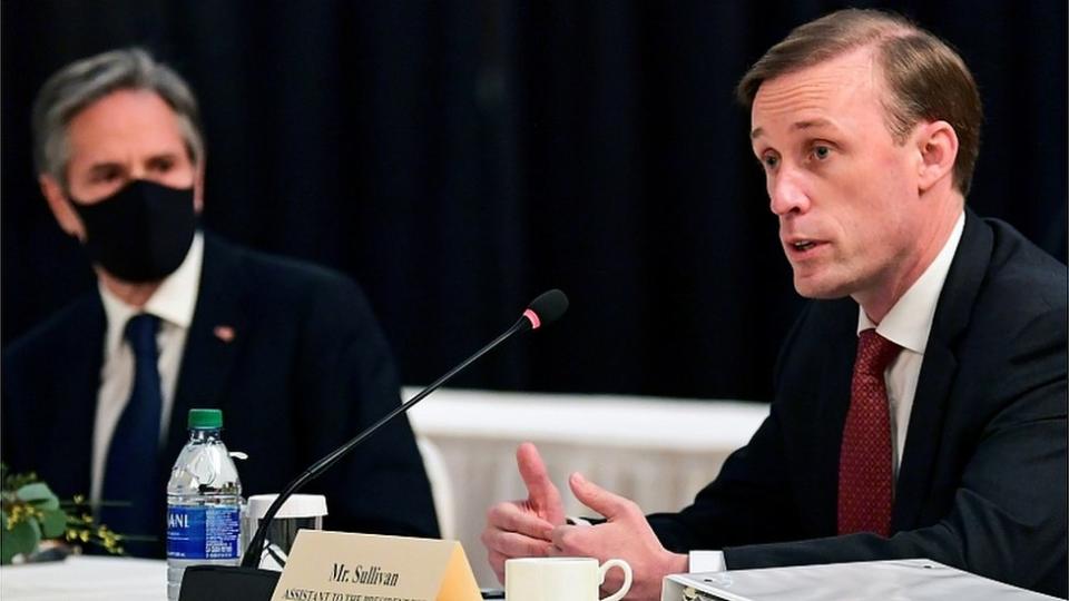 Jake Sullivan (R) speaks as Secretary of State Antony Blinken looks on at the Alaska talks. 18 March 2021