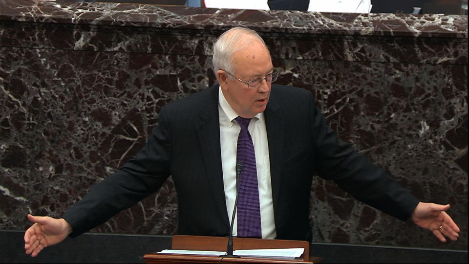 In this image from video, Ken Starr, an attorney for President Donald Trump, speaks during the impeachment trial against Trump in the Senate at the U.S. Capitol in Washington, Monday, Jan. 27, 2020. (Senate Television via AP)