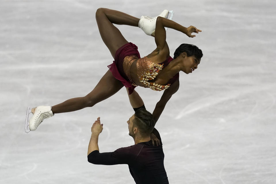 FILE - France's Vanessa James and Morgan Cipres perform their pairs short program during the ISU World Team Trophy Figure Skating competition in Fukuoka, southwestern Japan, in this Friday, April 12, 2019, file photo. Two-time Olympian Vanessa James of France will be performing at Figure Skating in Harlem's 2021 Champions in Life Virtual Gala on Thursday, April 22, 2021. (AP Photo/Toru Hanai, File)