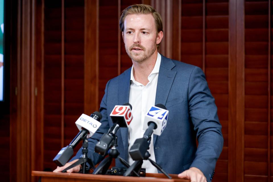 Oklahoma Schools Superintendent Ryan Walters speaks to the press after a school board meeting at the Oklahoma Capitol complex in Oklahoma City, Thursday, May 23, 2024.