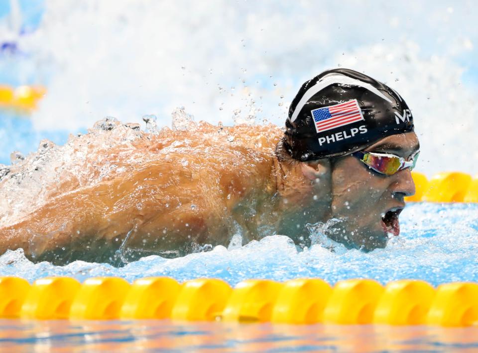 Michael Phelps (USA) competes on Saturday, Aug. 13, 2016, during the men's 4x100 medley relay final in the Rio 2016 Summer Olympic Games at Olympic Aquatics Stadium in Rio de Janeiro, Brazil. 