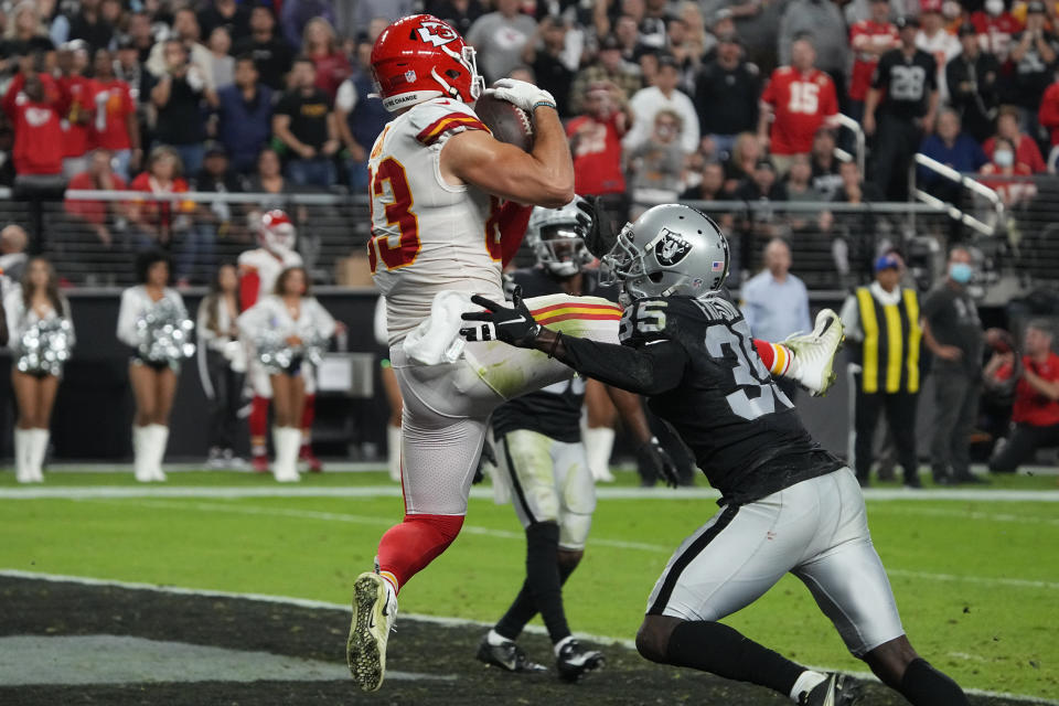 Kansas City Chiefs tight end Noah Gray (83) catches a pass for a touchdown against Las Vegas Raiders cornerback Brandon Facyson (35) during the second half of an NFL football game, Sunday, Nov. 14, 2021, in Las Vegas. (AP Photo/Rick Scuteri)