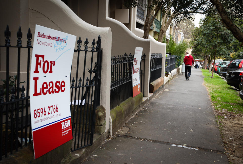 A real estate hoarding advertises a terrace house for lease in Sydney. Source: Getty