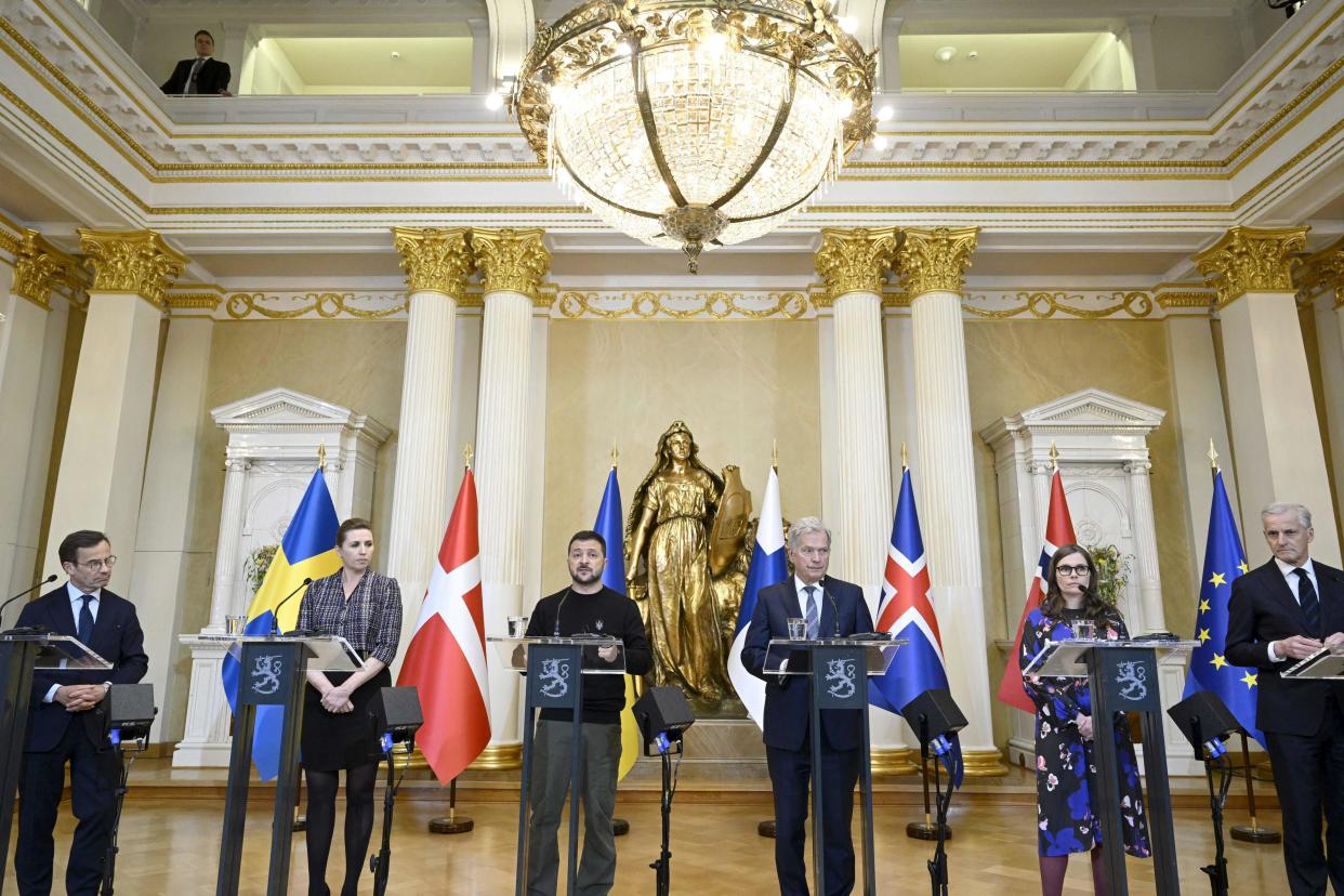 From left: Swedish PM Ulf Kristersson, Danish PM Mette Frederiksen, Zelensky, Finnish president Sauli Niinisto, Icelandic PM Katrin Jakobsdottir and Norwegian PM Jonas Gahr Store in Helsinki (Lehtikuva/AFP/Getty)