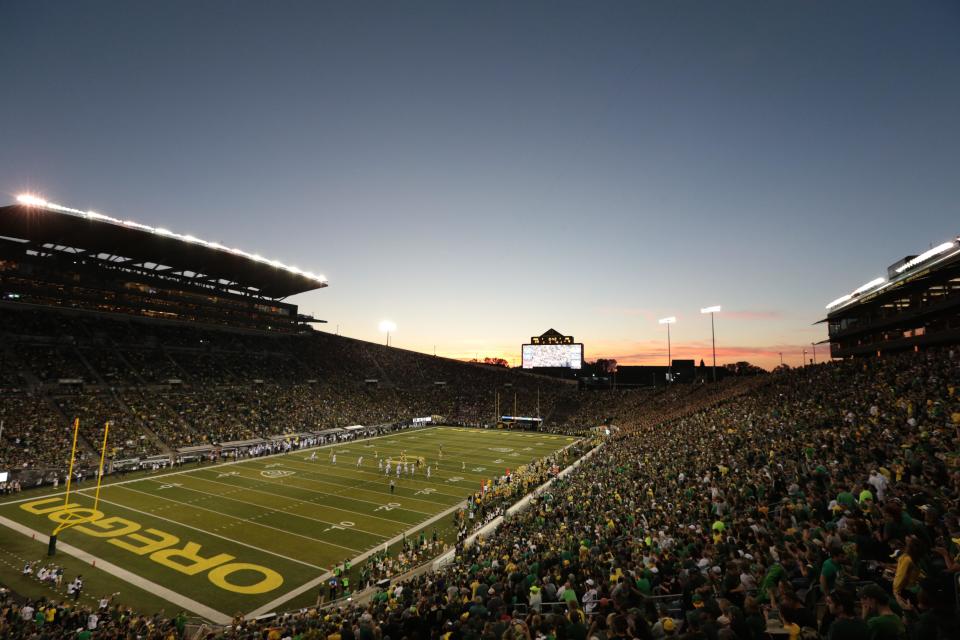 Oct 18, 2014; Eugene, OR, USA; General view of Autzen Stadium between the Oregon Ducks and the Washington Huskies. Mandatory Credit: Scott Olmos-USA TODAY Sports