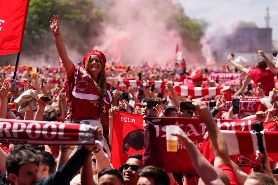 Thousands of Liverpool supporters in a fan zone in Paris (Jacob King/PA) (PA Wire)