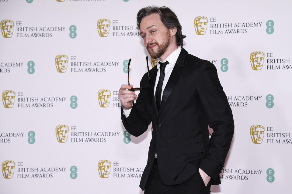 Actor James McAvoy poses for photographers upon arrival at the Bafta Film Awards, in central London, Sunday, April 11 2021. (AP Photo/Alberto Pezzali)