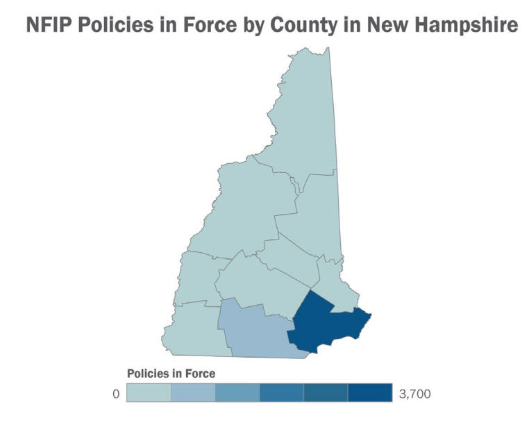 A 2021 map from FEMA shows where most flood insurance policies are concentrated in New Hampshire.