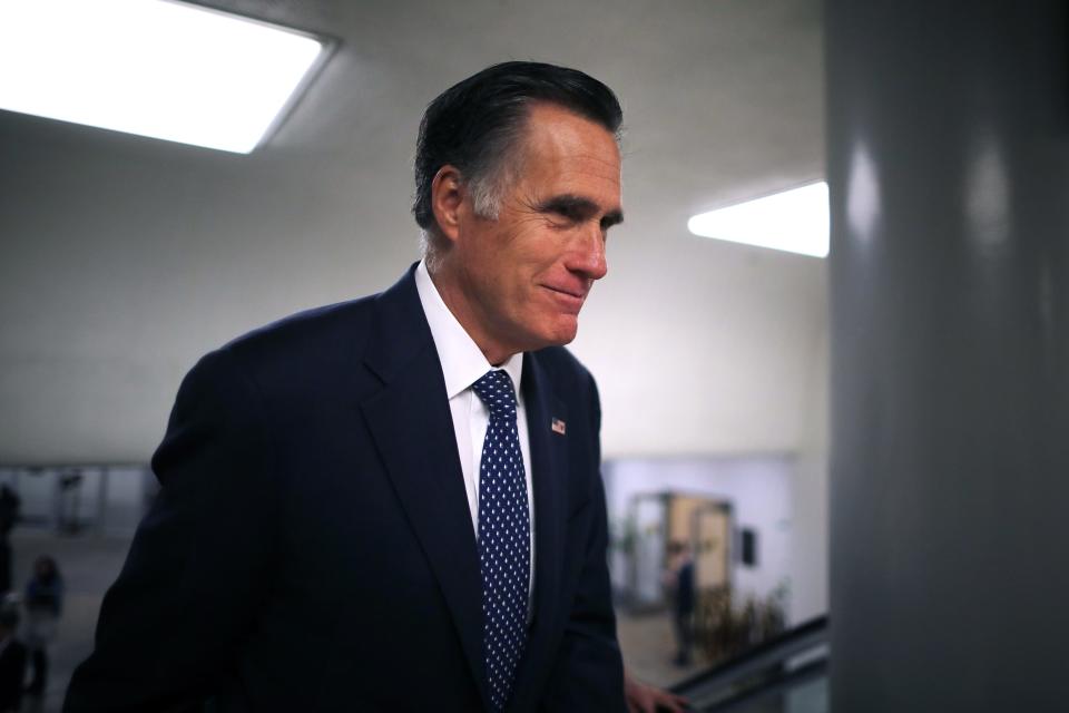 Sen. Mitt Romney, R-Utah, heads to the U.S. Capitol for the weekly Republican policy luncheon in Washington, March 5, 2019.