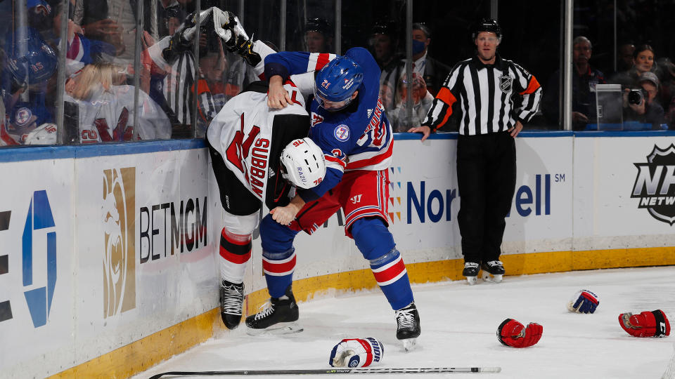 Barclay Goodrow, right, got the best of P.K. Subban in a quick fight. (Photo by Jared Silber/NHLI via Getty Images)