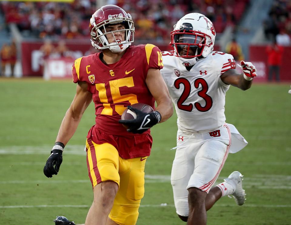 USC wide receiver Drake London heads into the end zone for a score against Utah in the first half.