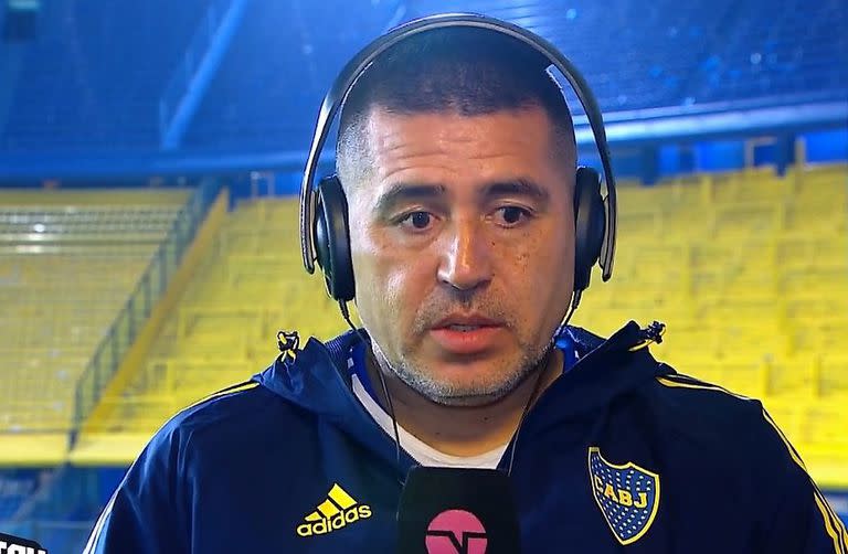 Juan Román Riquelme anoche en la Bombonera, durante la entrevista con TNT Sports