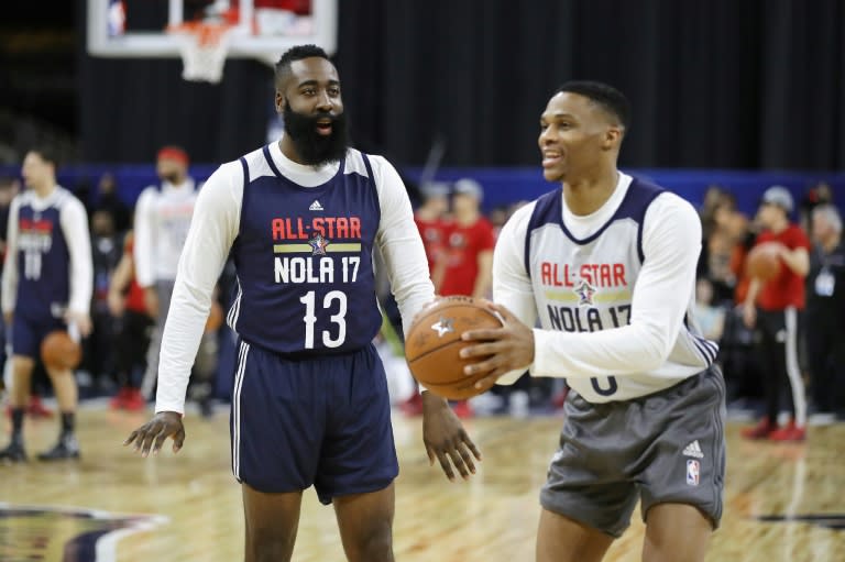 In the Western Conference this weekend, a battle of triple-double kings Russell Westbrook (R) and James Harden looms large as the Oklahoma City Thunder open their playoff series against the Houston Rockets