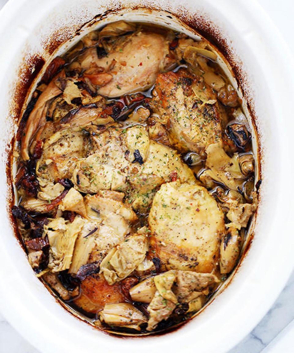 Crock-Pot Chicken Thighs with Artichokes and Sun-Dried Tomatoes