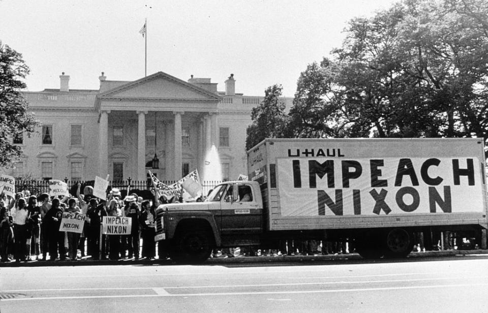 A demonstration outside the Whitehouse in support of the impeachment of President Nixon (1913 - 1994) following the Watergate revelations. | Getty Images