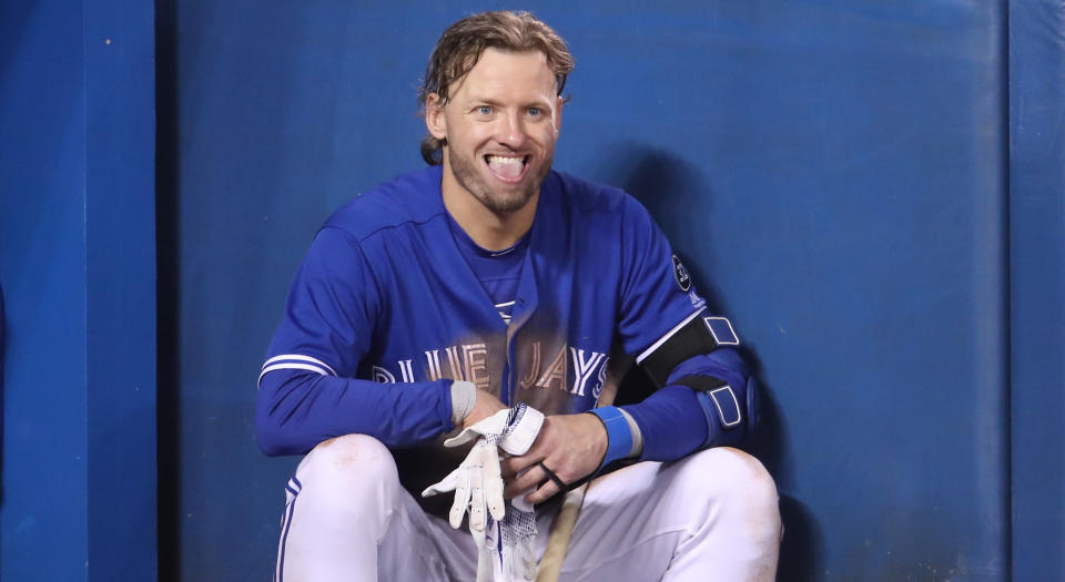 Josh Donaldson of the Toronto Blue Jays looks on from the top step of the dugout during MLB game action against the Oakland Athletics at Rogers Centre on May 18, 2018 in Toronto, Canada. (Photo by Tom Szczerbowski/Getty Images)