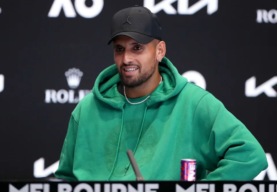 MELBOURNE, AUSTRALIA - JANUARY 13: Nick Kyrgios of Australia speaks during a press conference ahead of the 2023 Australian Open at Melbourne Park on January 13, 2023 in Melbourne, Australia. (Photo by Kelly Defina/Getty Images)