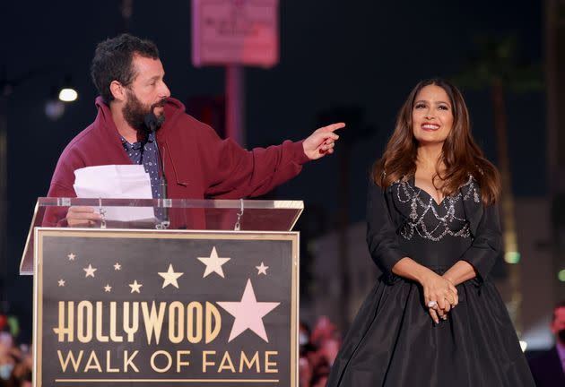 Sandler speaks at Hayek’s Hollywood Walk of Fame star ceremony in 2021.