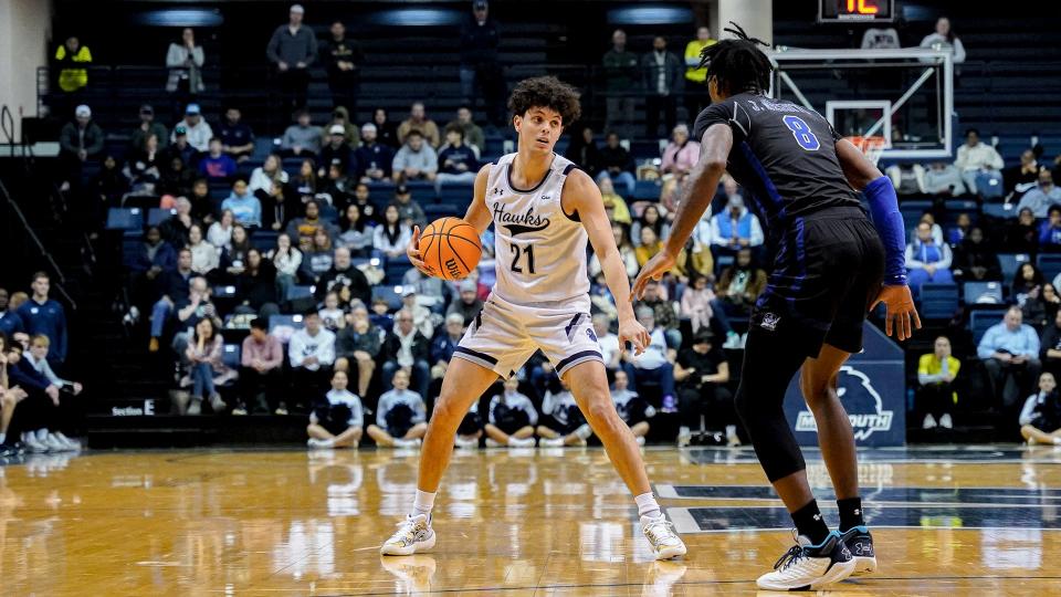 Monmouth's Xander Rice dribbles against Hampton on Jan. 20, 2024 at OceanFirst Bank Center in West Long Branch, N.J.