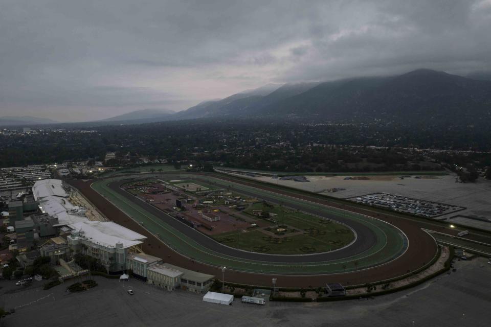 A general view of Santa Anita Park is seen ahead of the Breeders' Cup horse race in Arcadia, Calif., Friday, Oct. 27, 2023. Post positions are drawn and odds are set for the 14 races in the 40th edition of the Breeders' Cup this week at Santa Anita. (AP Photo/Jae C. Hong)