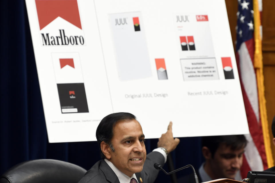 House Oversight and Government Reform subcommittee chair Rep. Raja Krishnamoorthi, D-Ill., speaks as he questions JUUL Labs co-founder and Chief Product Officer James Monsees during a subcommittee hearing on Capitol Hill in Washington, Thursday, July 25, 2019, on the youth nicotine epidemic. (AP Photo/Susan Walsh)