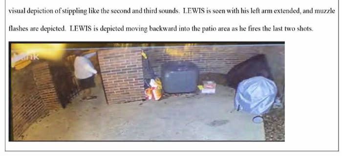 A still image from surveillance footage shows Lewis standing at an open gate with his left arm extended toward the sidewalk.